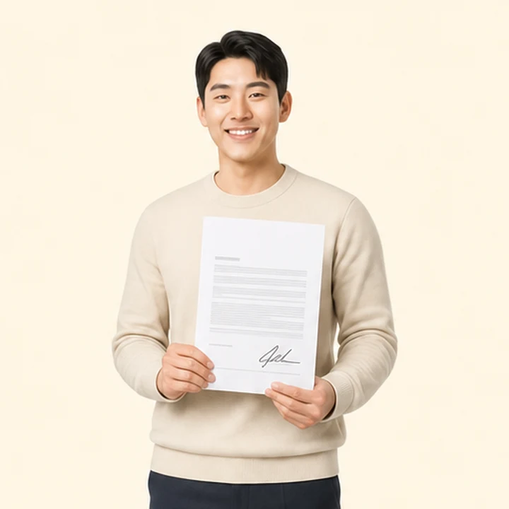 그랑콜레오스 신차 장기렌트카 서면 견적서를 들고 있는 고객